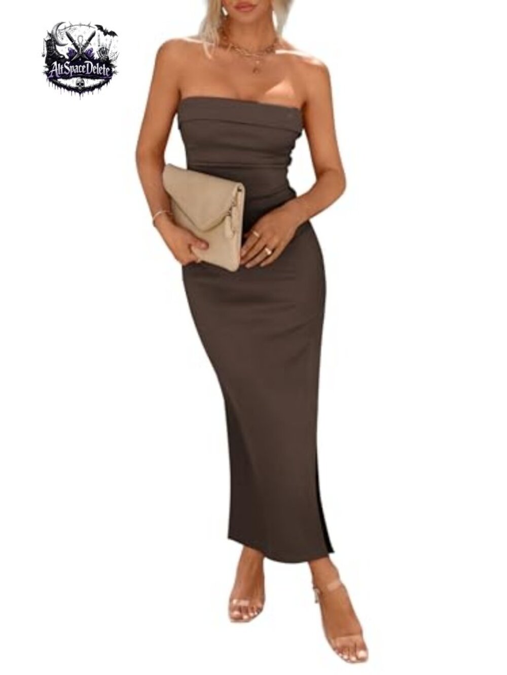 Ribbed Knit Strapless Bodycon Maxi Dress with Slit